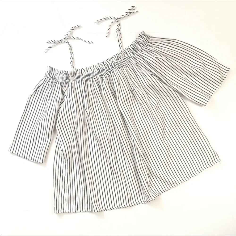 Francesca Blue Rain pinstripe off shoulder shirt - Picture 2 of 9